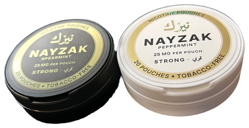 Two NAYZAK cans side by side — black and white.